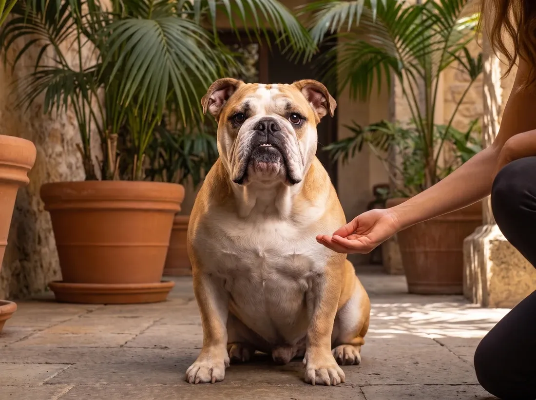 English Bulldog, a pet parent holding out a hand to a calm adult in a shaded courtyard among potted palms