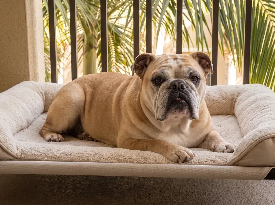 English Bulldog in Dubai, an older fawn dog resting on a raised bed on a shaded balcony, palms behind