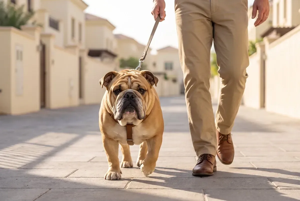 English Bulldog history, a fawn adult in a harness walking beside a pet parent past cream villas