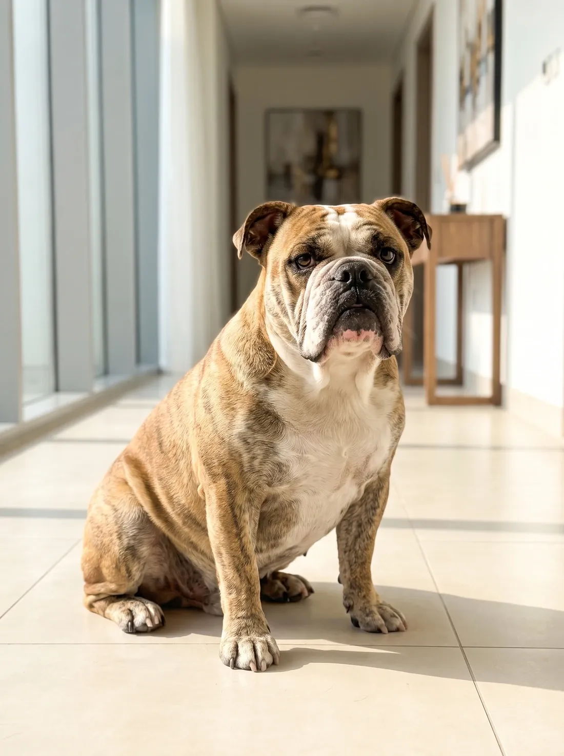 English Bulldog, the same brindle and white adult sitting in a cool, bright hallway