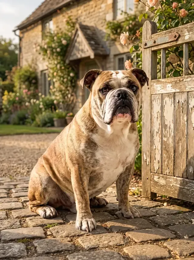 English Bulldog, a brindle and white adult sitting on cobbles by a wooden gate outside an old English cottage