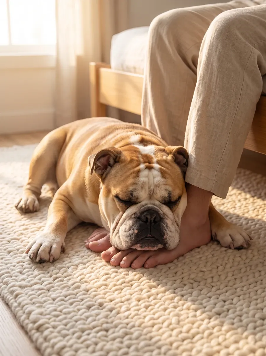 English Bulldog, a fawn and white adult asleep across a pet parent's bare feet on a bedroom rug