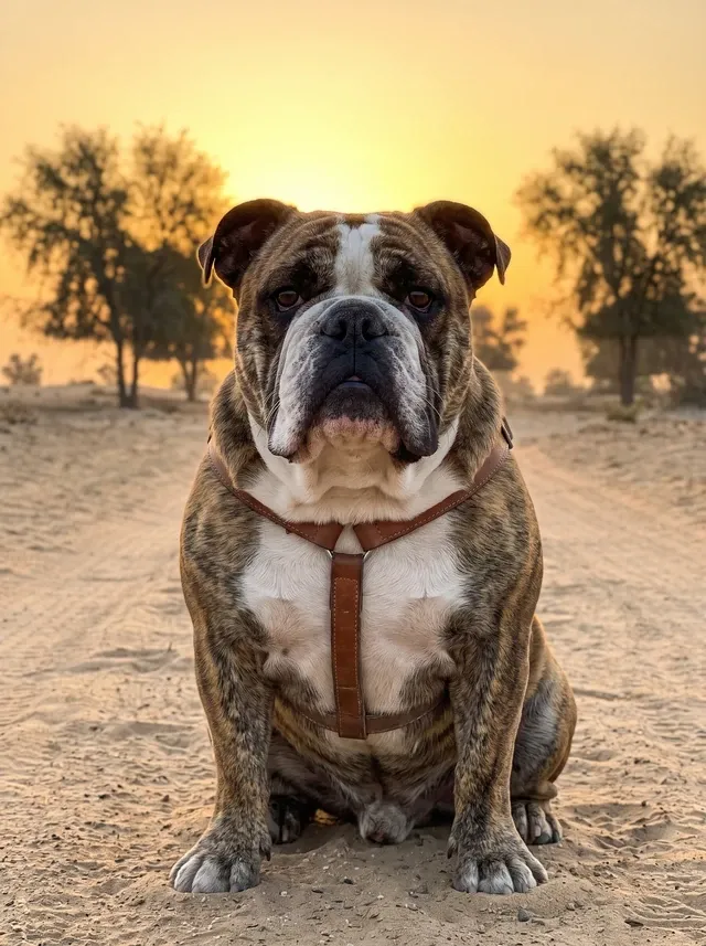 English Bulldog in Dubai, a brindle and white adult in a harness sitting firmly on a desert track at dawn