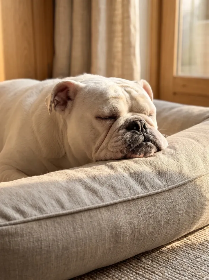English Bulldog, a white adult asleep on a floor cushion, chin propped on the edge