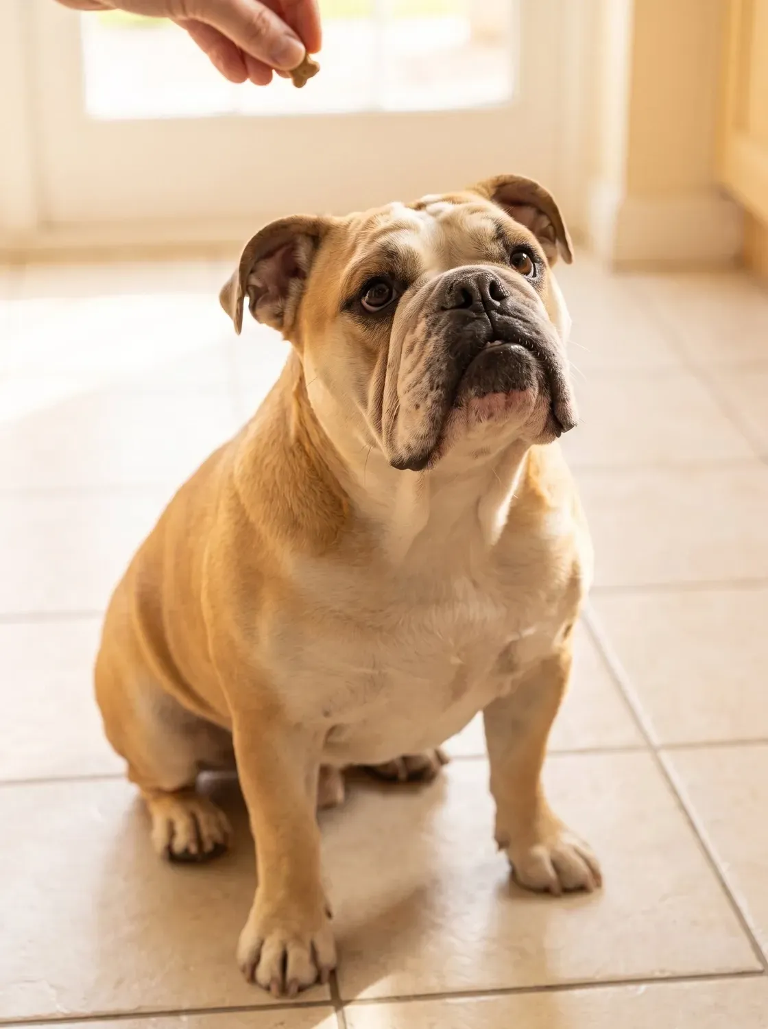 English Bulldog, a fawn adult sitting on a kitchen floor, looking up at a hand holding a treat