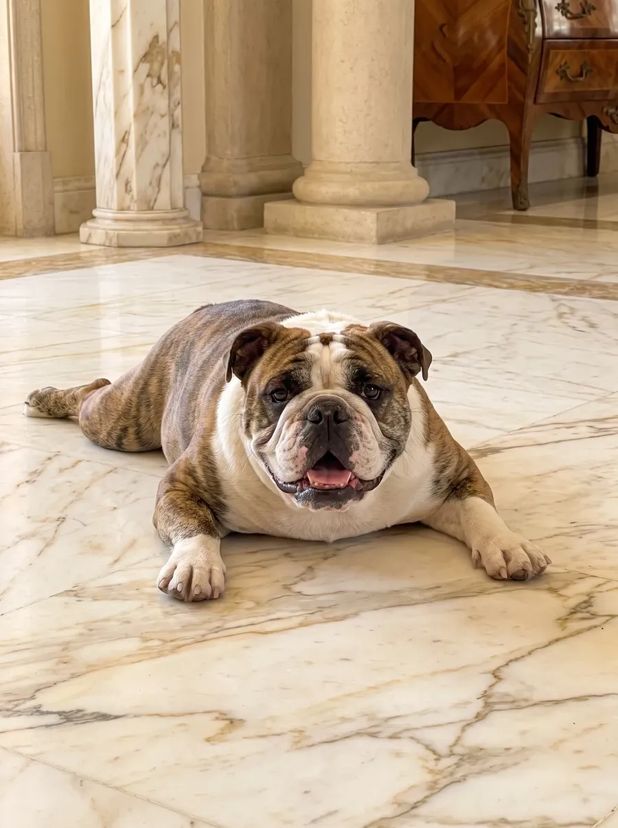English Bulldog, a brindle and white adult lying flat out on cool marble in a villa entrance hall