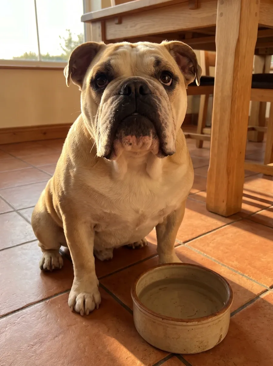 English Bulldog, a pale fawn adult sitting by an empty food bowl under a dining table
