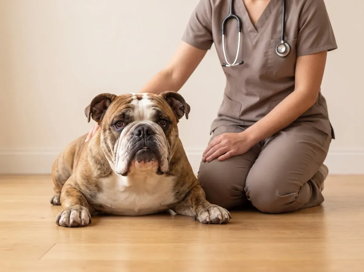 English Bulldog, a brindle and white adult lying on the floor as a vet in taupe scrubs kneels alongside