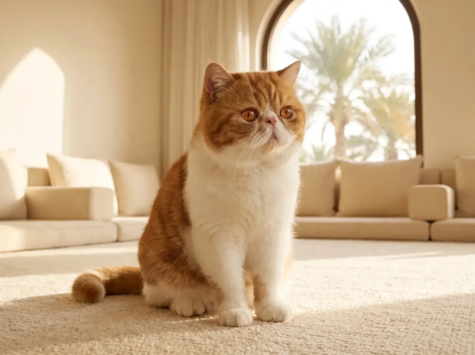 Exotic Shorthair in Dubai, a red and white adult sitting on a cream rug, palms through an arched window