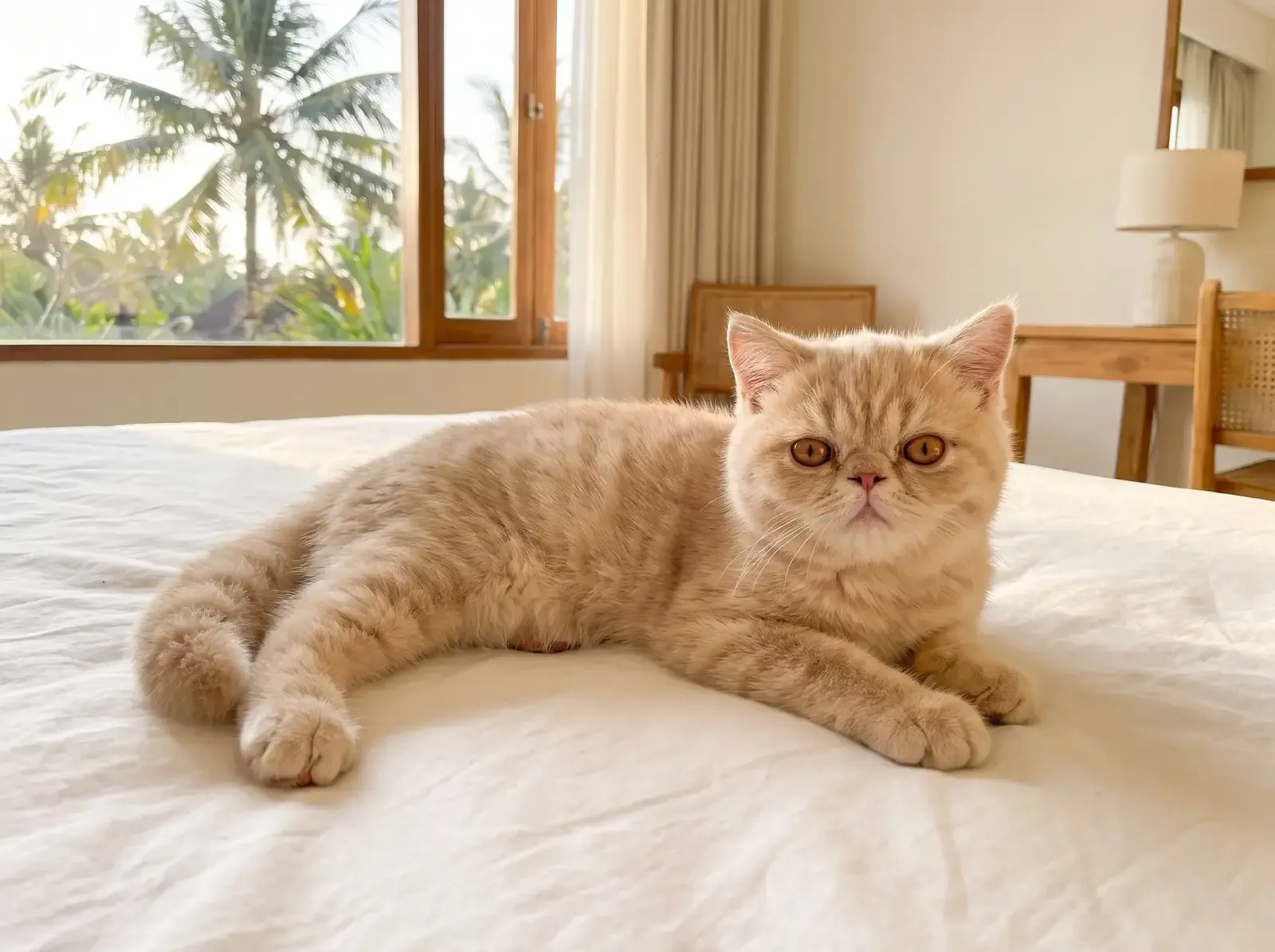 Exotic Shorthair in Dubai, a cream kitten lying on white linen bedding, palms through the window