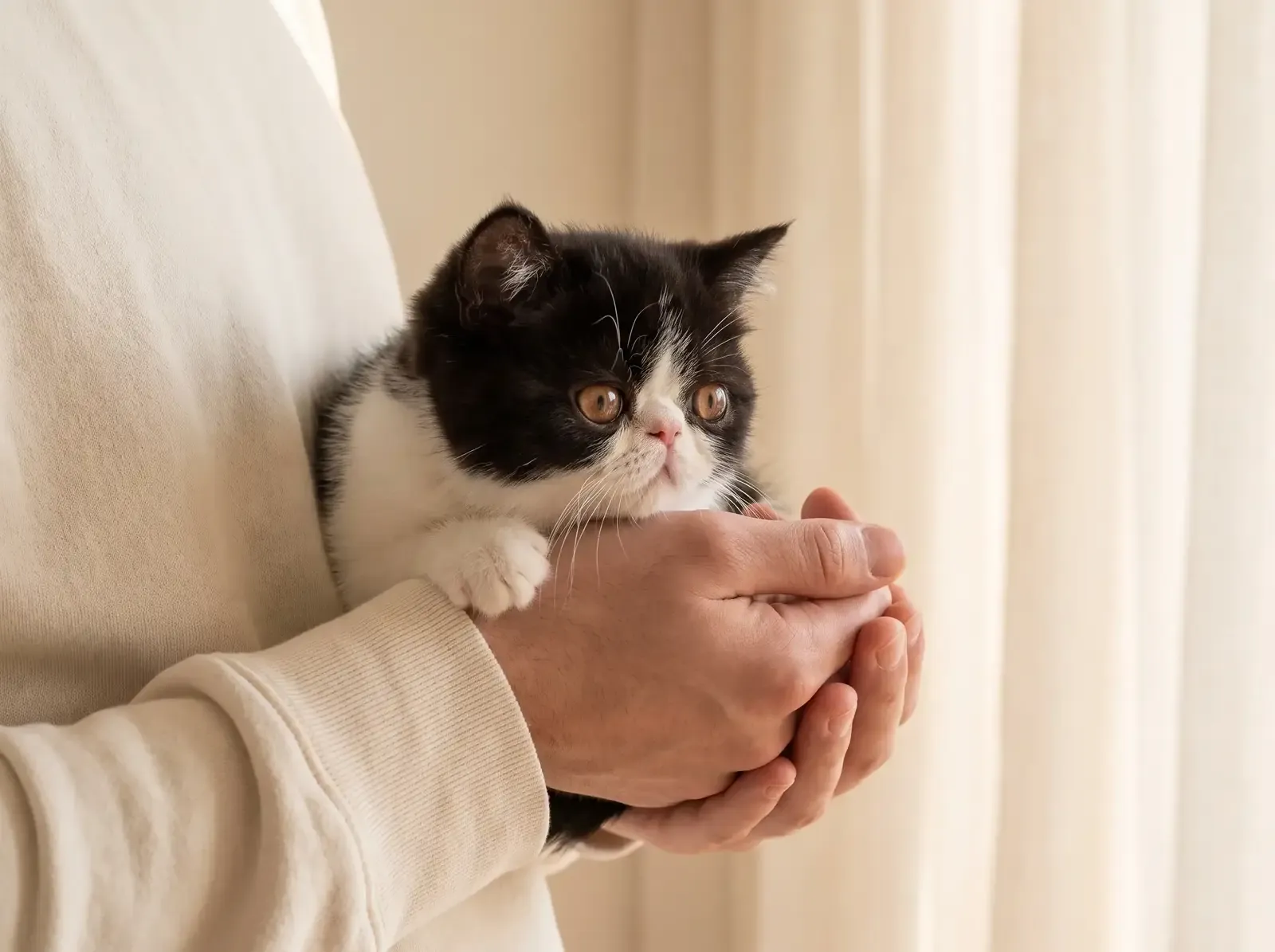 Exotic Shorthair, a black and white kitten cradled in a pair of cupped hands