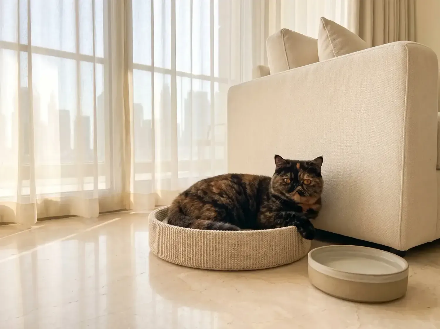 Exotic Shorthair in Dubai, a tortoiseshell adult in a low cat bed by the sofa, a wide water bowl beside it