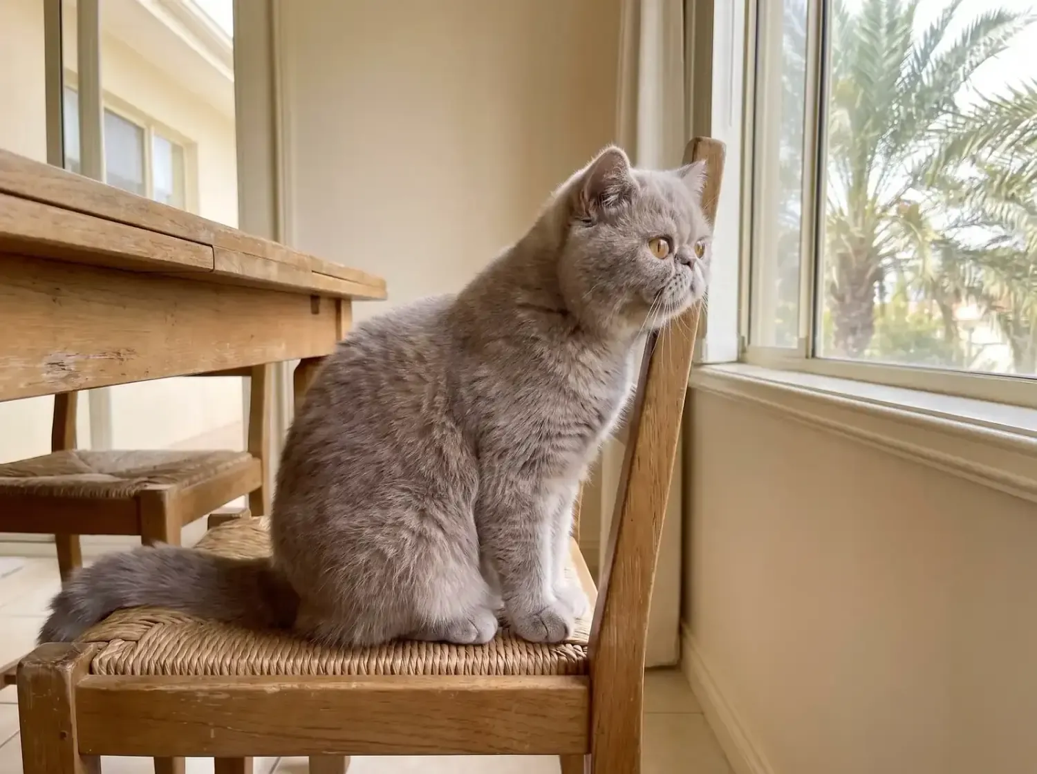 Exotic Shorthair in Dubai, a young lilac cat on a timber chair, looking out at the palms