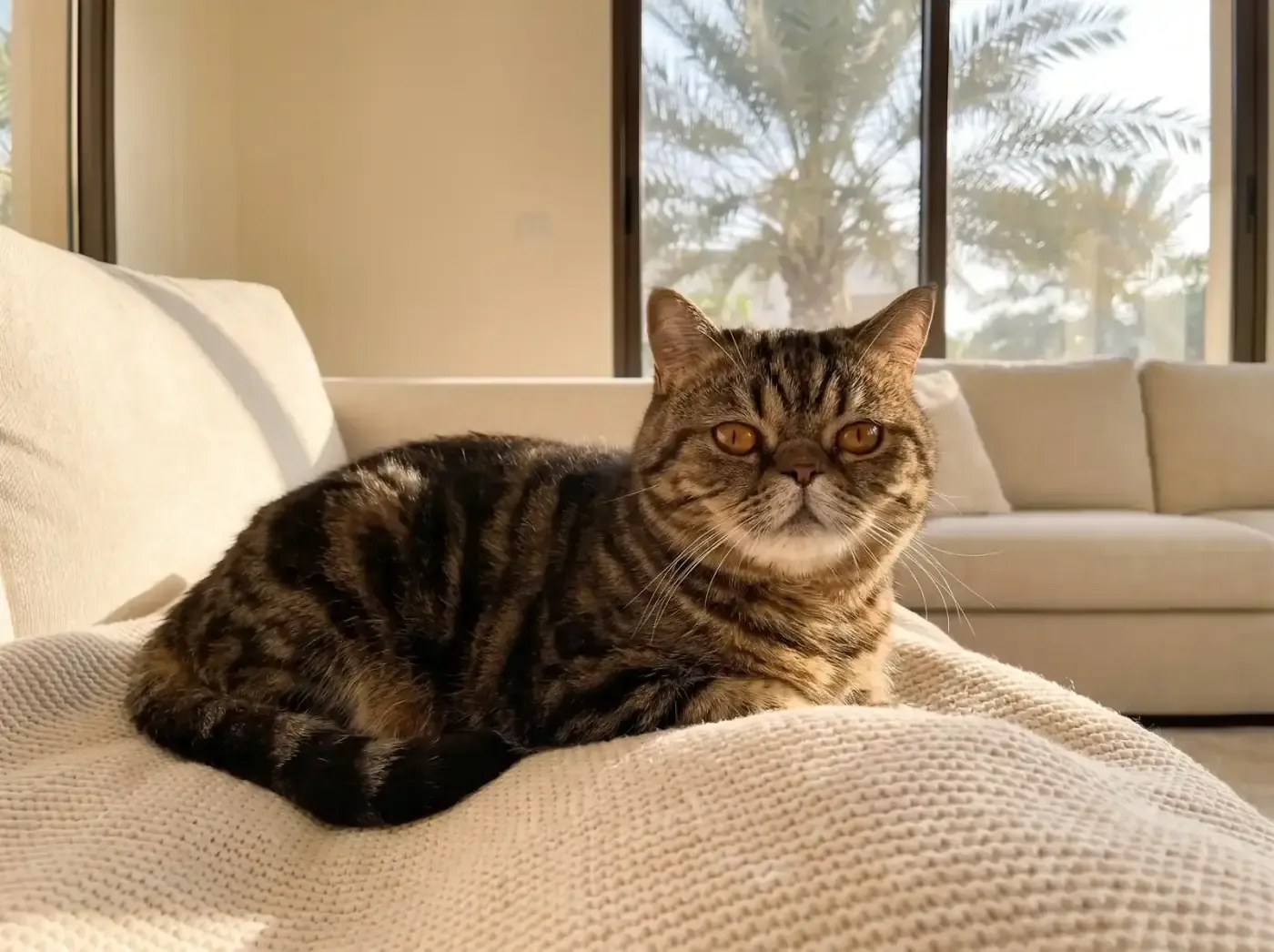 Exotic Shorthair in Dubai, an older brown tabby cat resting on a cream blanket, date palms outside
