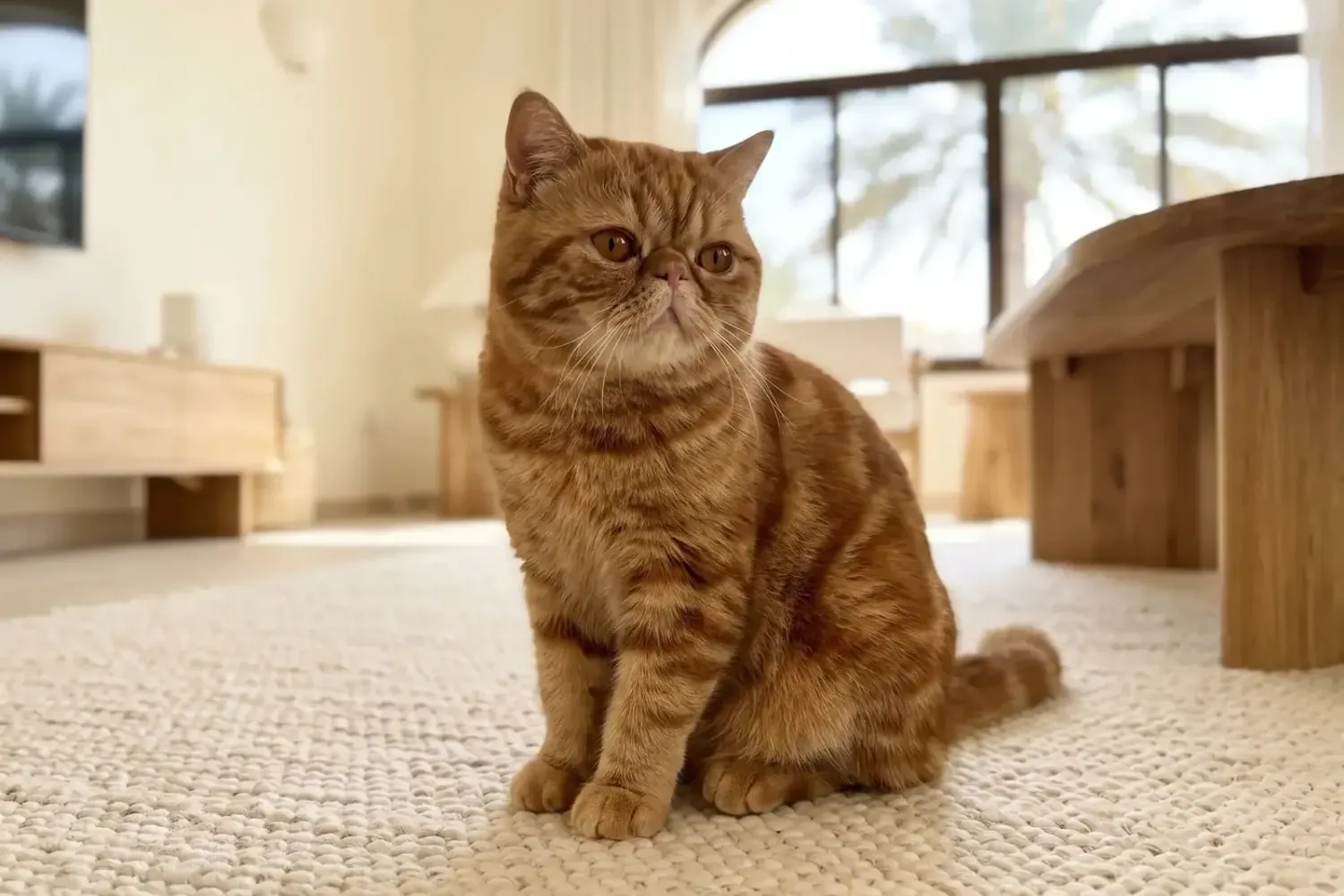 Exotic Shorthair history, the breed today, a red tabby adult on a cream rug, Dubai, 2026