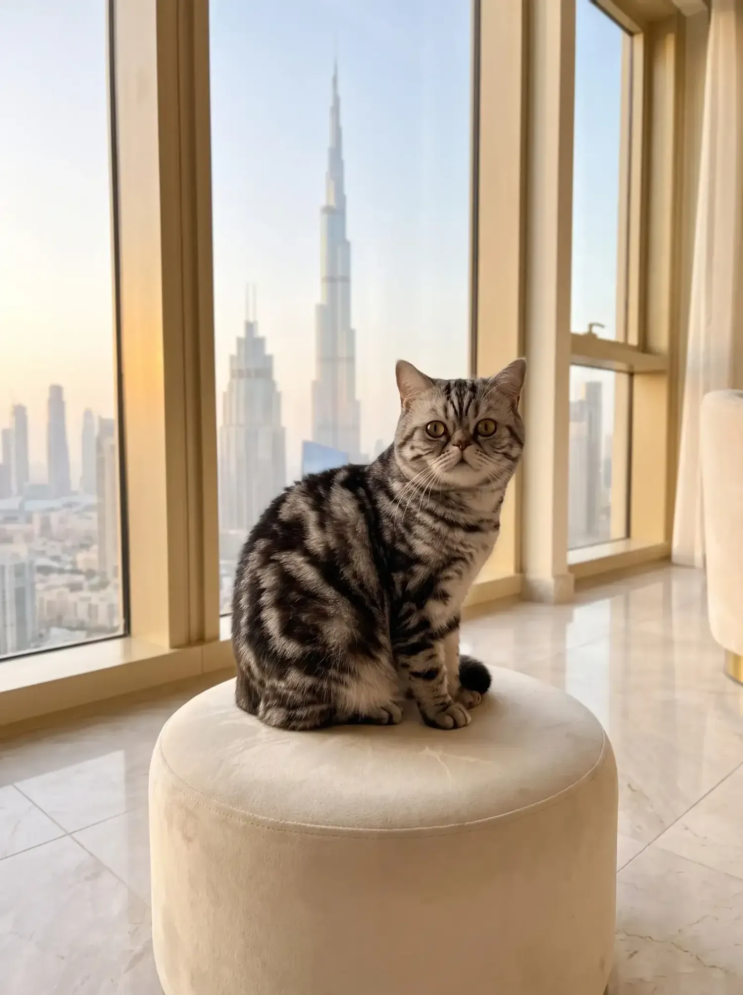 Exotic Shorthair in Dubai, the same silver tabby cat on a cream ottoman, the skyline through the window