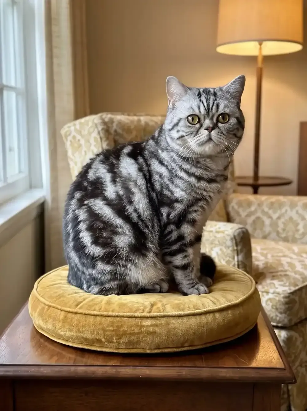 Exotic Shorthair, a silver tabby adult sitting on a velvet cushion in a 1960s style sitting room