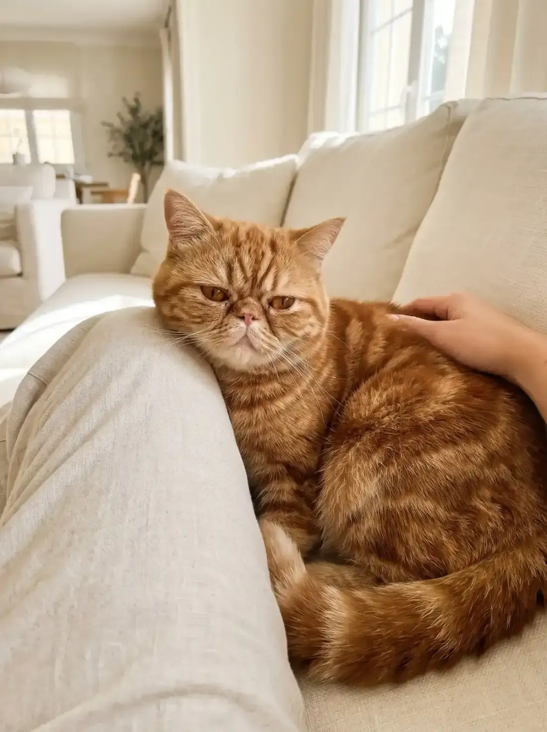 Exotic Shorthair, a red tabby adult curled against a knee on a cream sofa, a hand on its back