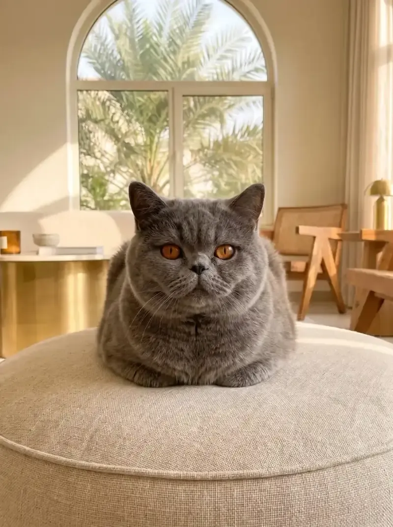 Exotic Shorthair in Dubai, a blue adult resting on a round floor cushion, palms through an arched window