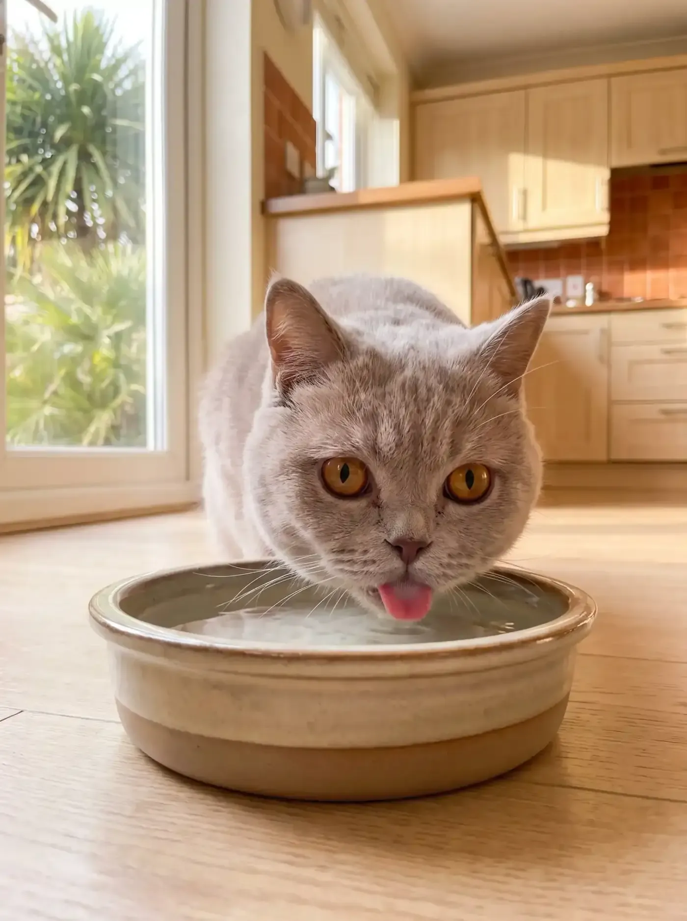 Exotic Shorthair in Dubai, a lilac adult lapping water from a wide stoneware bowl, palms outside