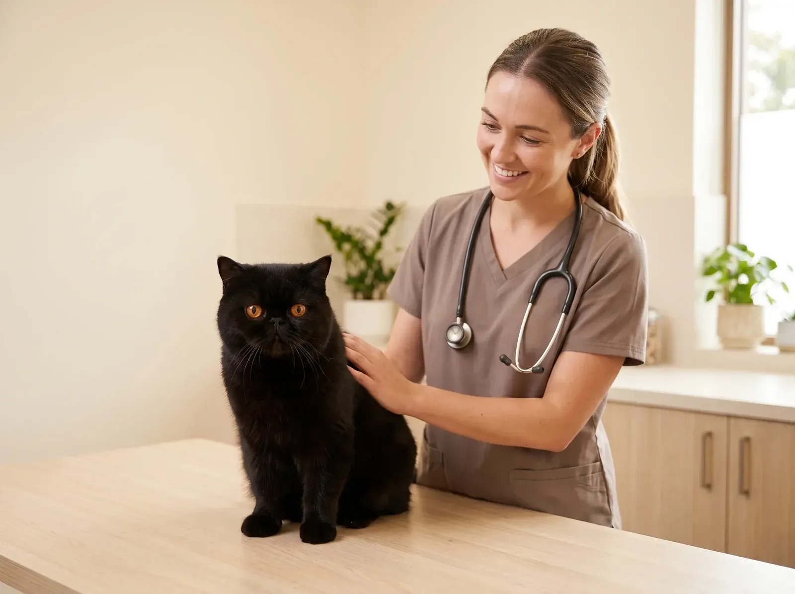 Exotic Shorthair, a black adult on a consultation table beside a smiling vet in taupe scrubs, a hand on the cat