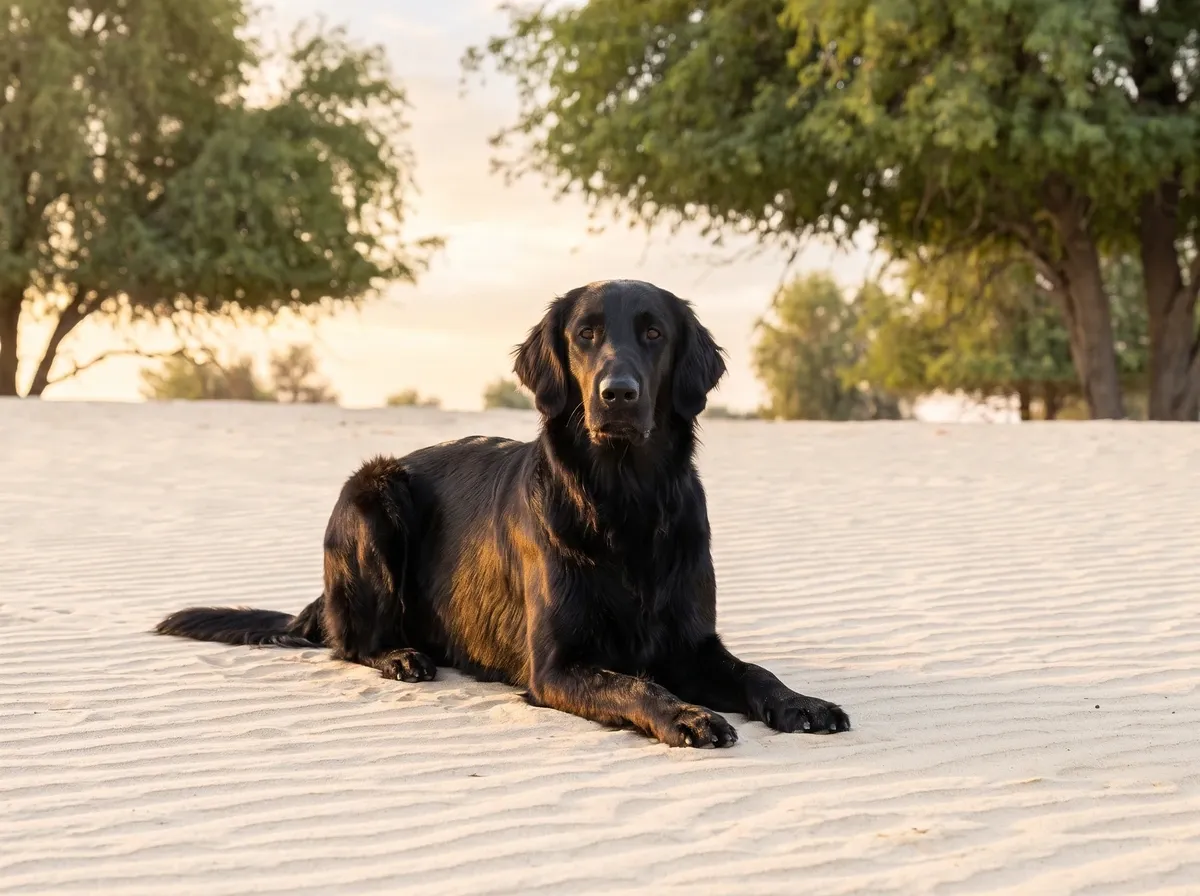 Flat-Coated Retriever in Dubai, a black adult lying head up on pale desert sand under ghaf trees at sunrise