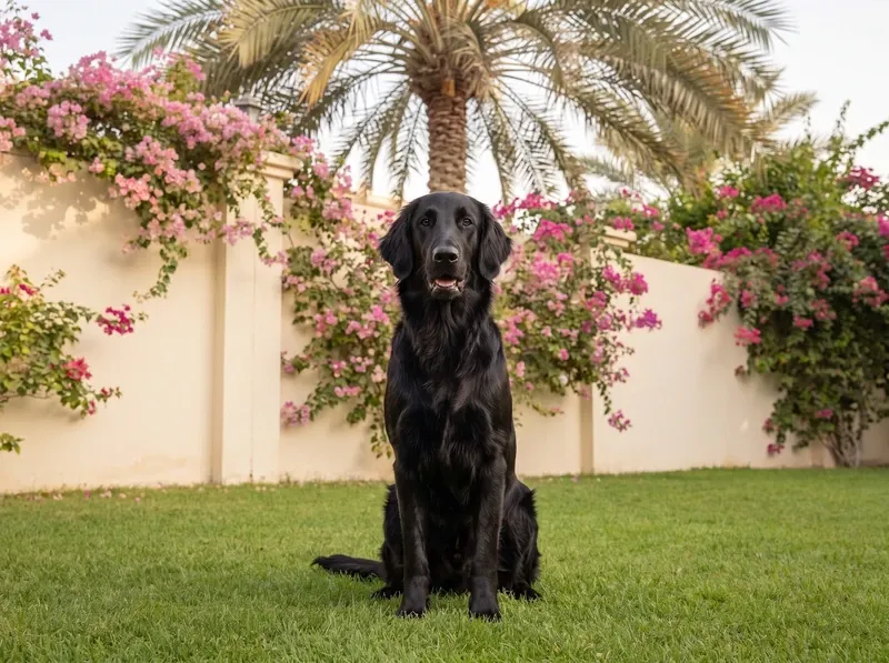 Flat-Coated Retriever in Dubai, a black adult sitting on a villa lawn, bougainvillea and a date palm behind