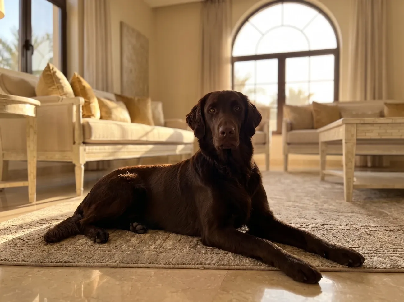 Flat-Coated Retriever, a liver adult lying on a stone-coloured rug in warm evening light