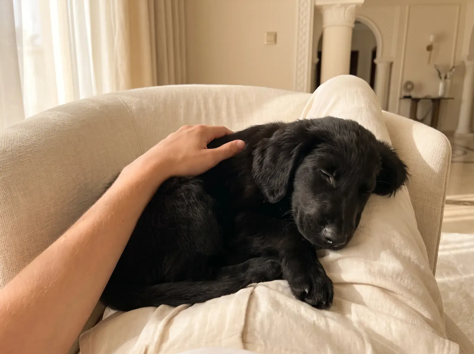 Flat-Coated Retriever, a black puppy asleep in a pet parent's lap in a linen armchair