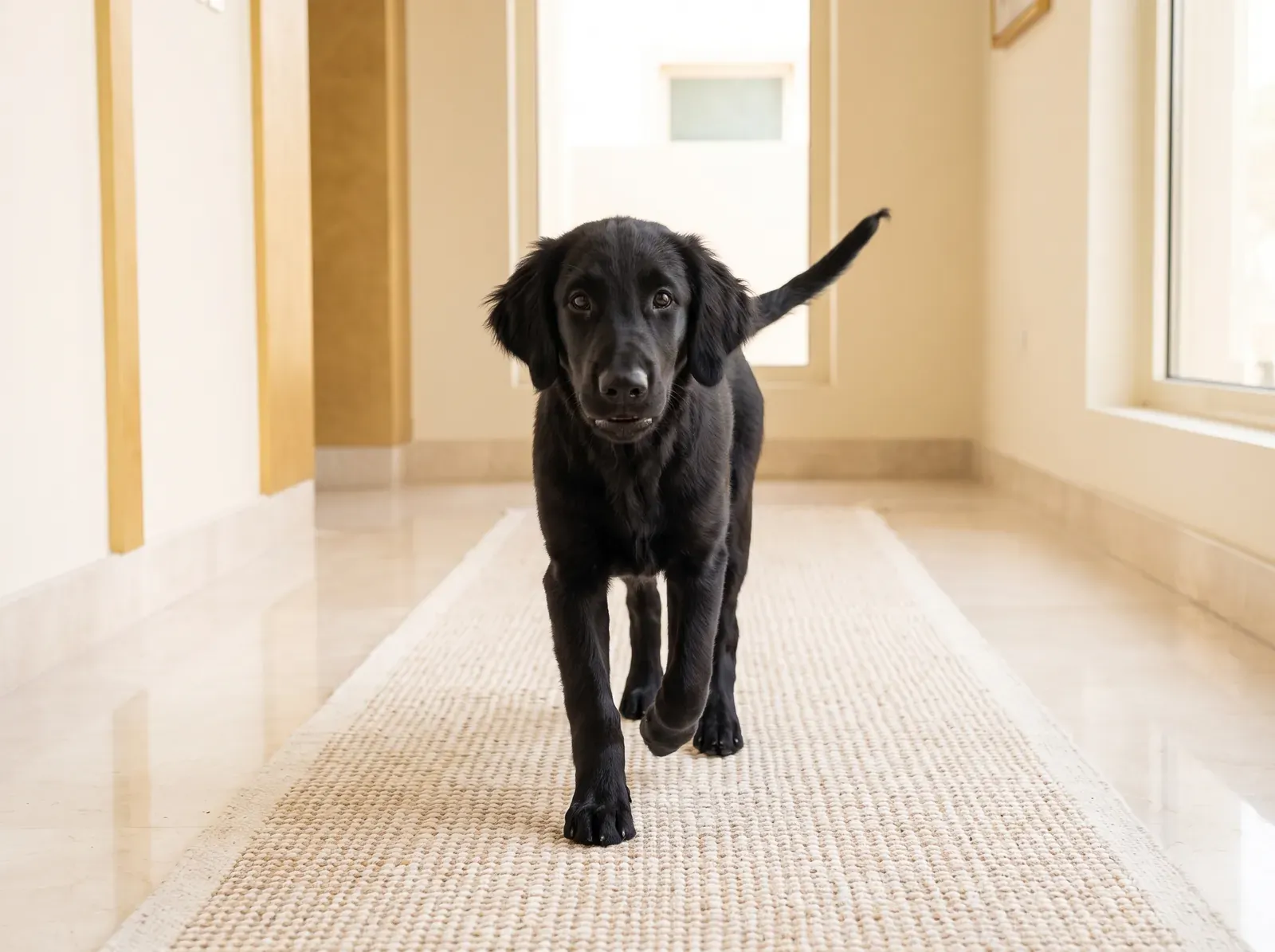 Flat-Coated Retriever, a black puppy trotting along a woven runner over a pale marble floor