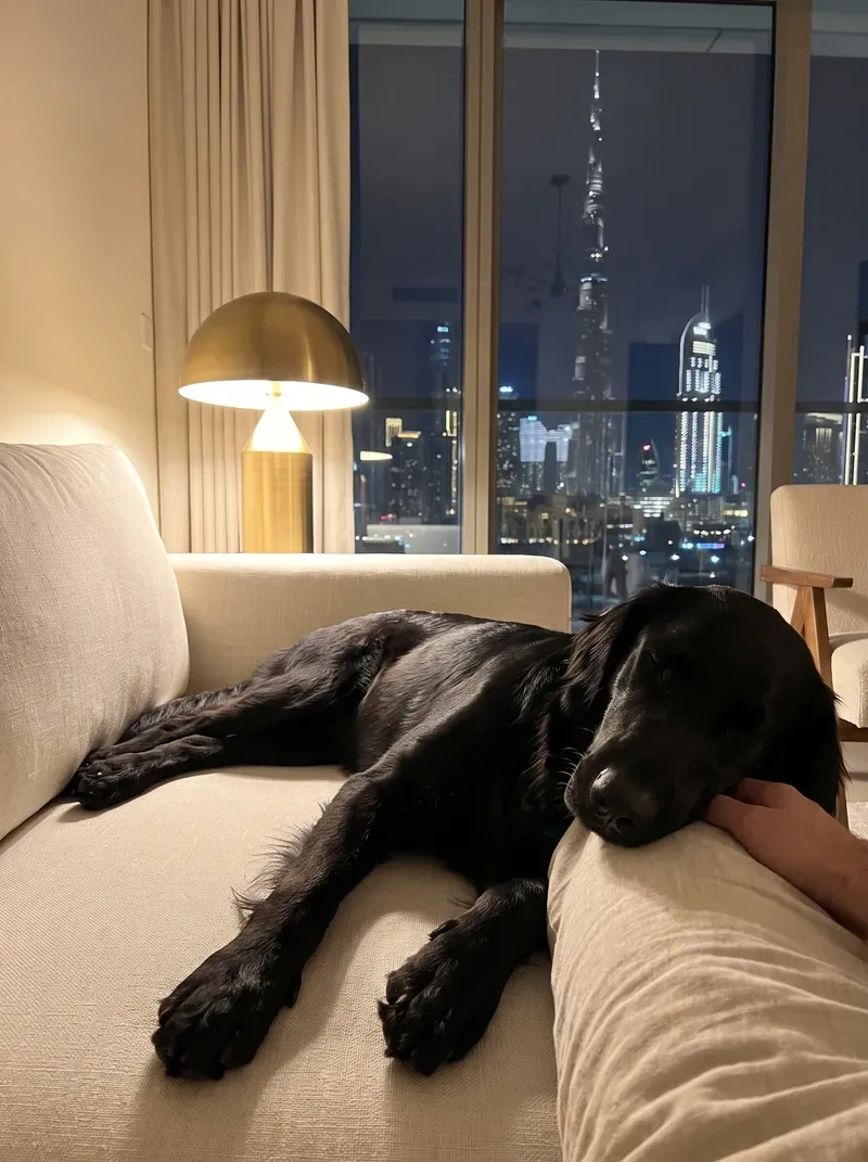 Flat-Coated Retriever in Dubai, a black adult asleep on a cream sofa at night, a hand under their chin, the skyline behind