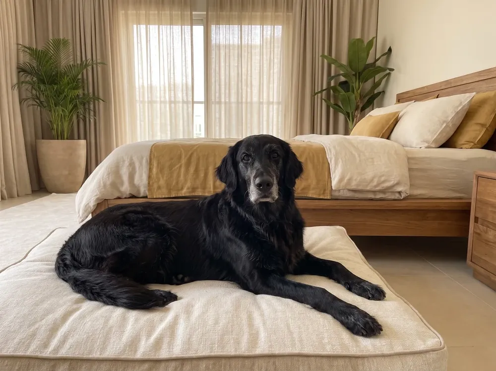 Flat-Coated Retriever, an older black dog with a greying muzzle lying on a cushioned bed in a cool bedroom