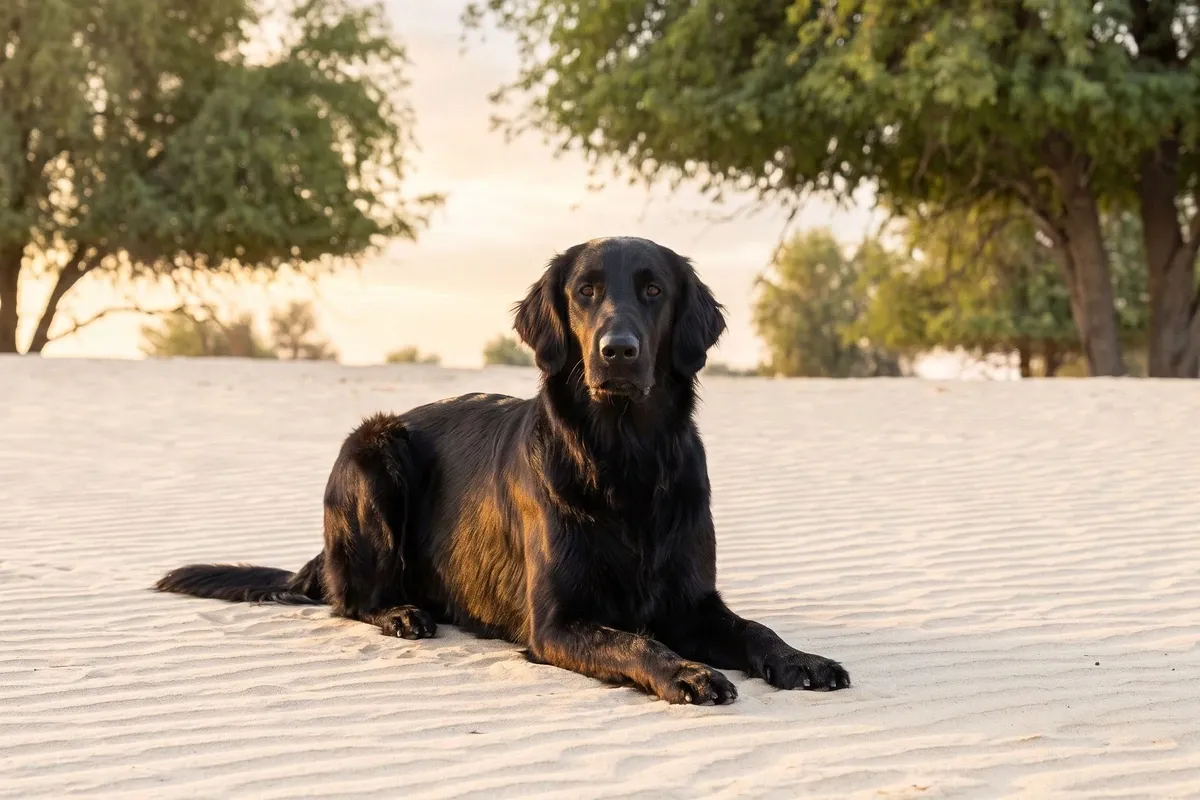 Flat-Coated Retriever history, the breed today, a black adult lying on desert sand under ghaf trees, Dubai, 2026