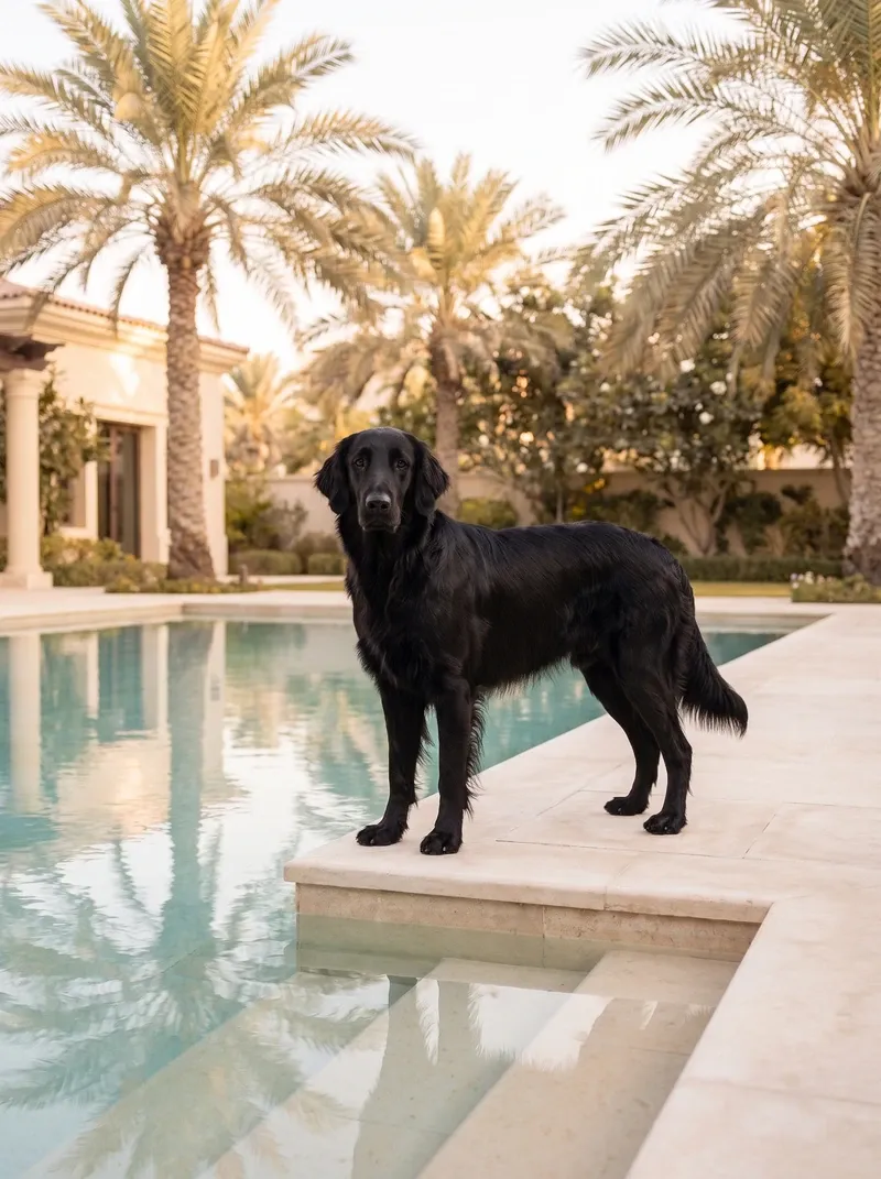 Flat-Coated Retriever in Dubai, the same black adult standing at the edge of a villa pool under date palms
