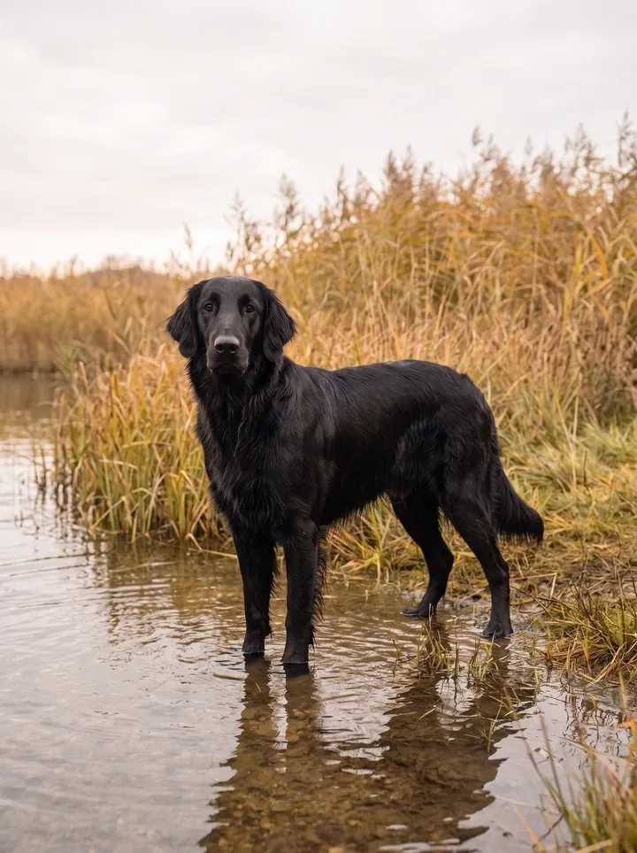 Flat-Coated Retriever, a black adult standing in the shallows at the edge of an English reed marsh