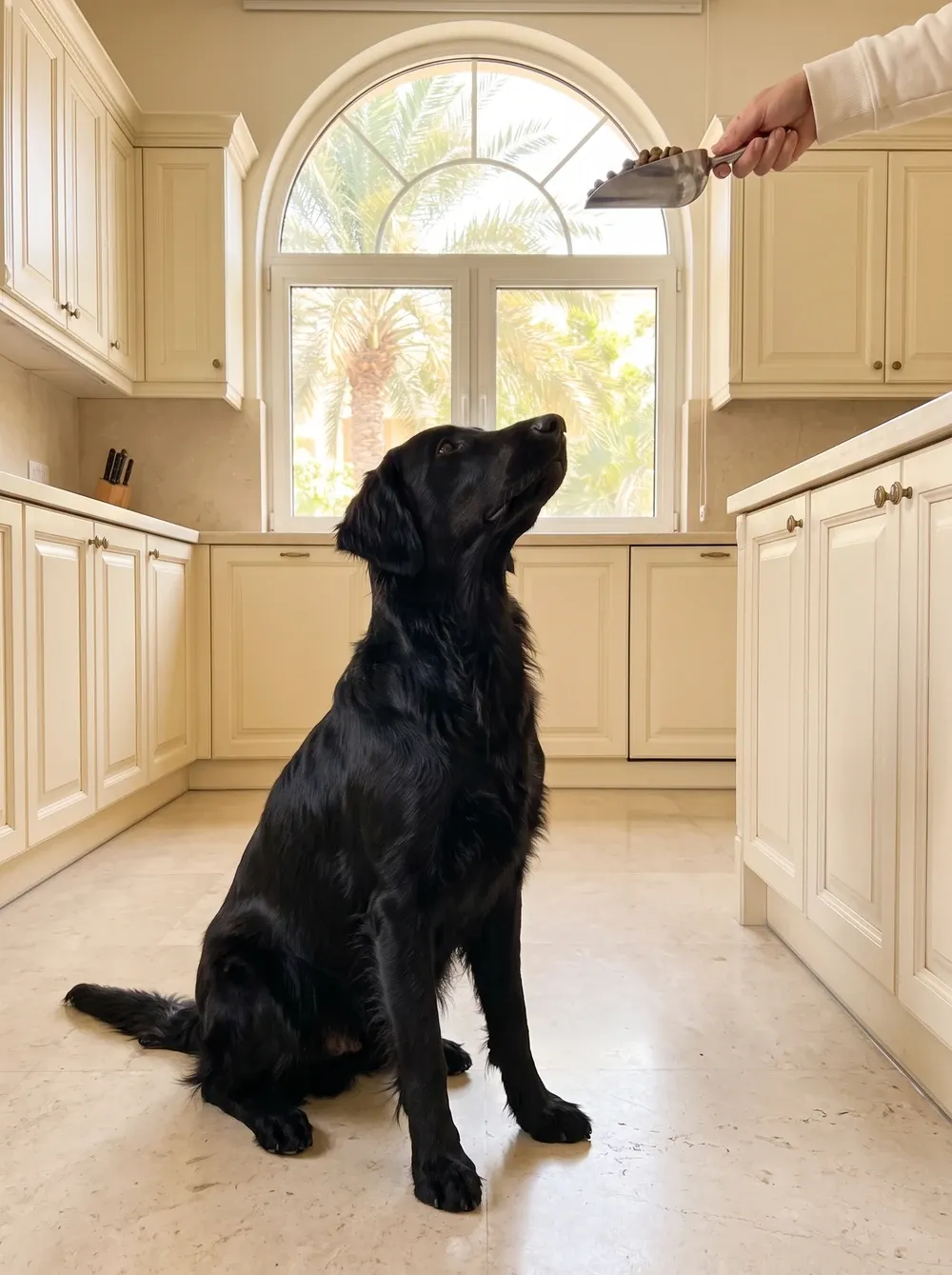 Flat-Coated Retriever in Dubai, a black adult sitting on a kitchen floor looking up at a food scoop, palms outside