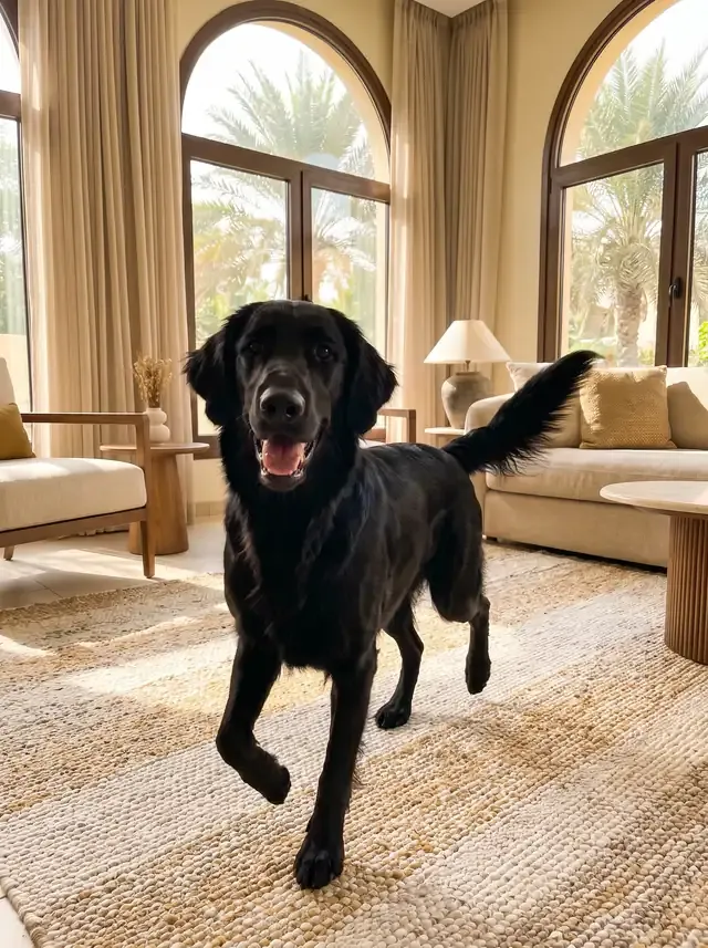Flat-Coated Retriever in Dubai, a black adult bounding across a woven rug, palms through the arched windows