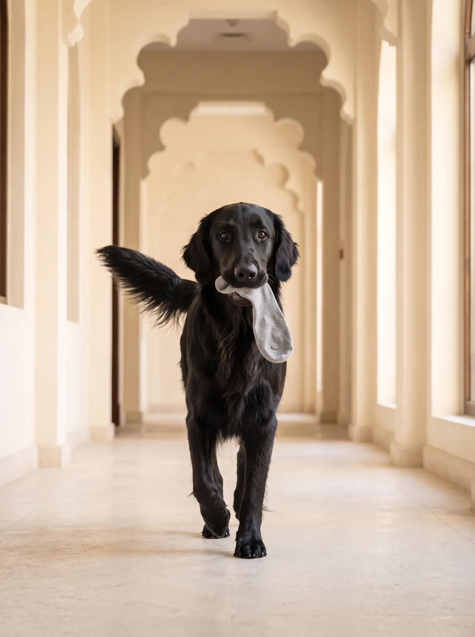 Flat-Coated Retriever, a black adult trotting down an arched hallway with a grey sock in their mouth