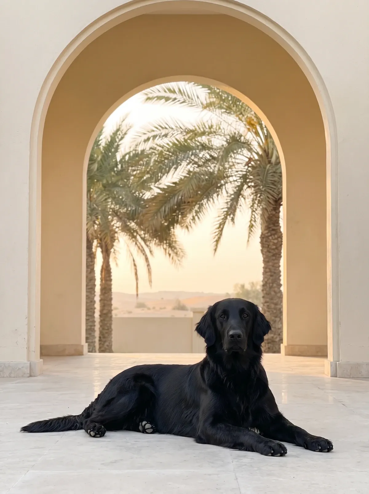 Flat-Coated Retriever in Dubai, a black adult lying in the shade of a terrace arch, date palms and dunes beyond