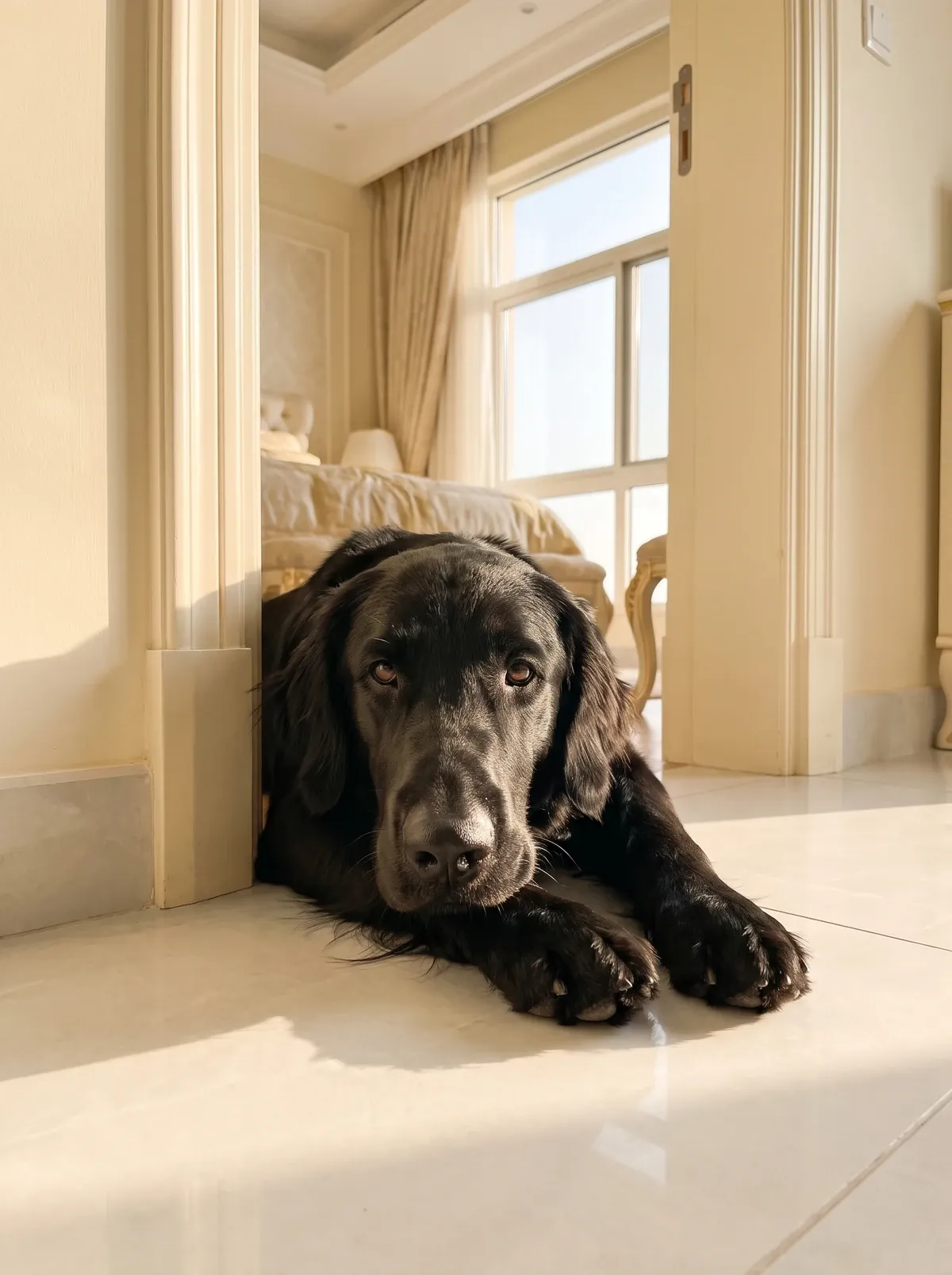 Flat-Coated Retriever, a black adult lying across a bedroom doorway on cool tiles, chin on their paws