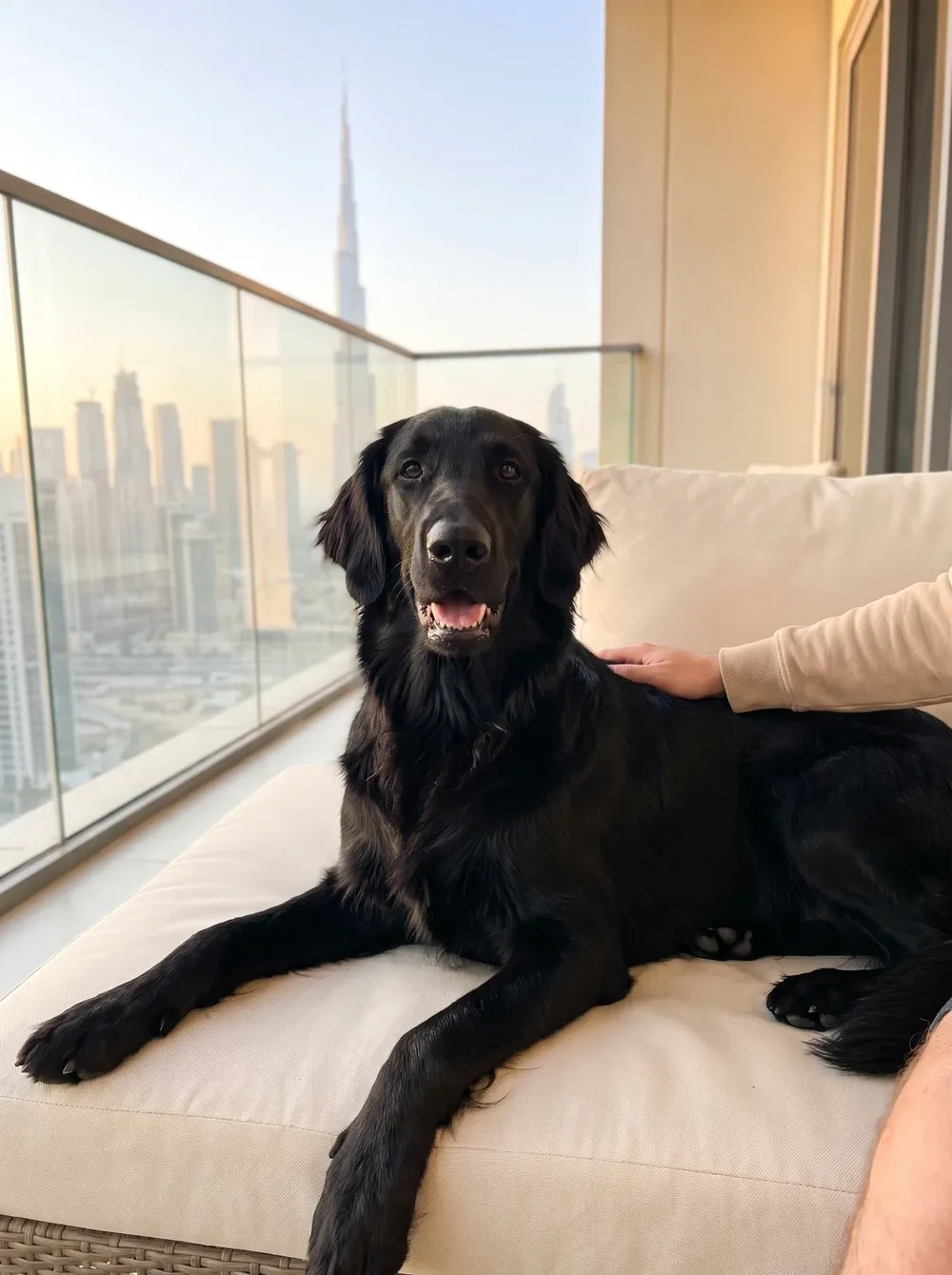 Flat-Coated Retriever in Dubai, a black adult on a balcony cushion with a hand on their back, the skyline behind
