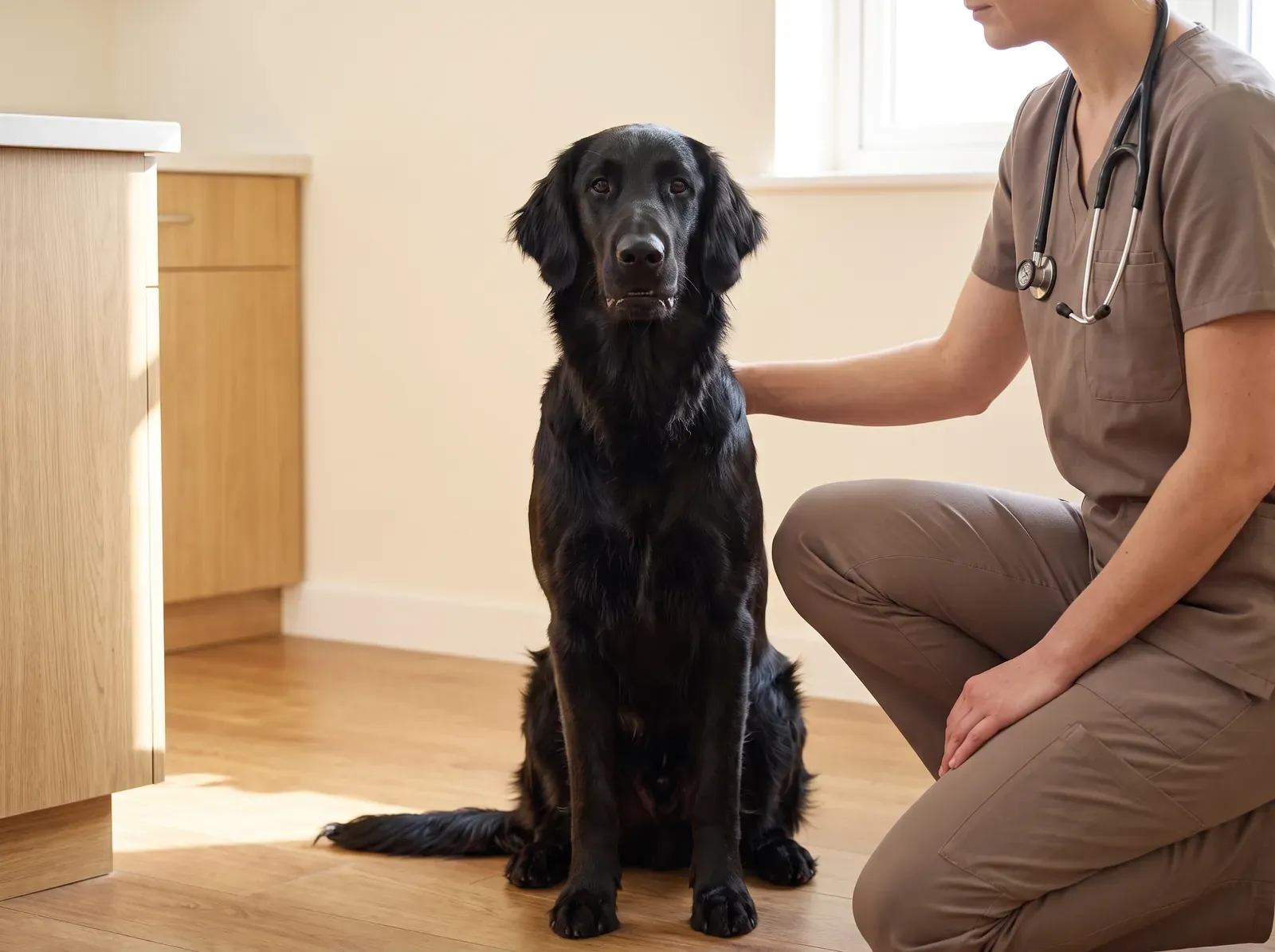 Flat-Coated Retriever, a black adult sitting calmly as a vet in taupe scrubs rests a hand on their shoulder