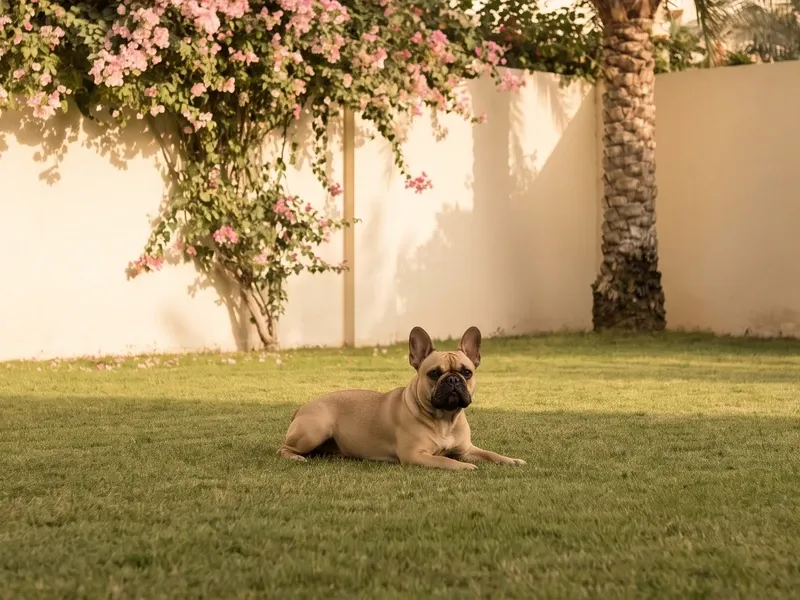 French Bulldog in Dubai, a fawn adult lying head up on a villa lawn by bougainvillea and a date palm
