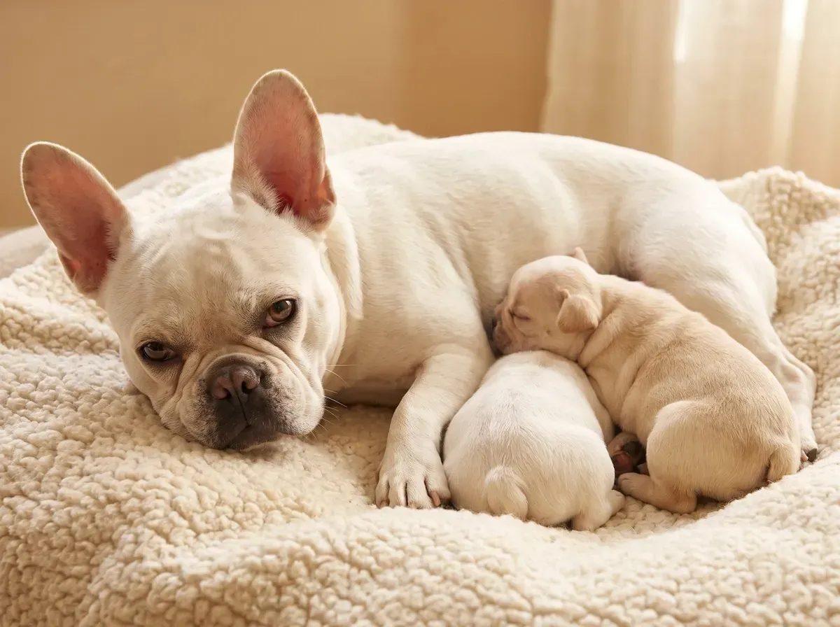 French Bulldog, a white mother lying on a fleece blanket with two puppies tucked close