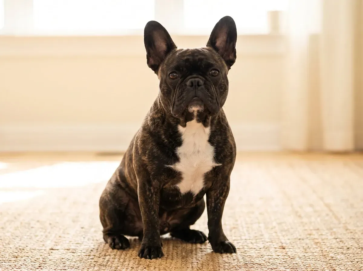 French Bulldog, a brindle adult with a white chest patch sitting on a woven rug