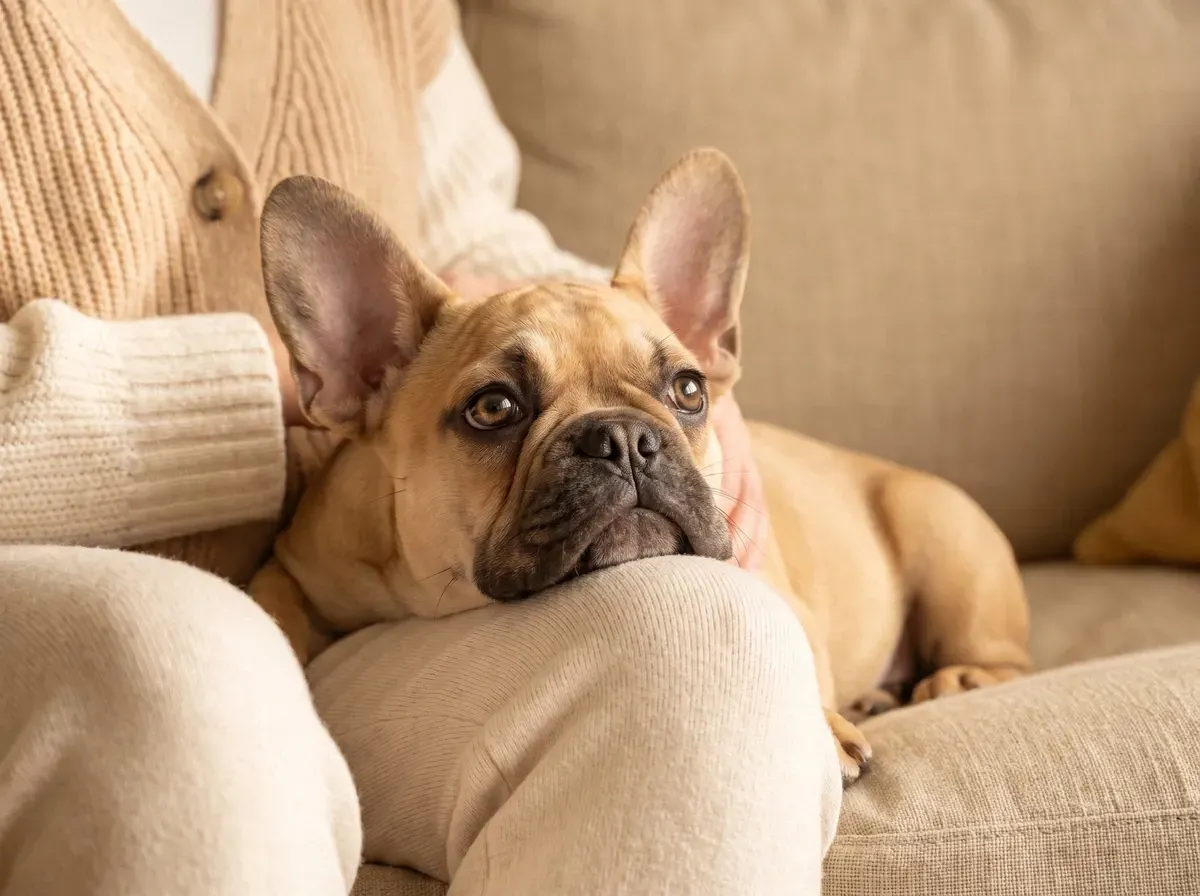 French Bulldog, a fawn adult resting the dog's chin on a pet parent's knee on the sofa