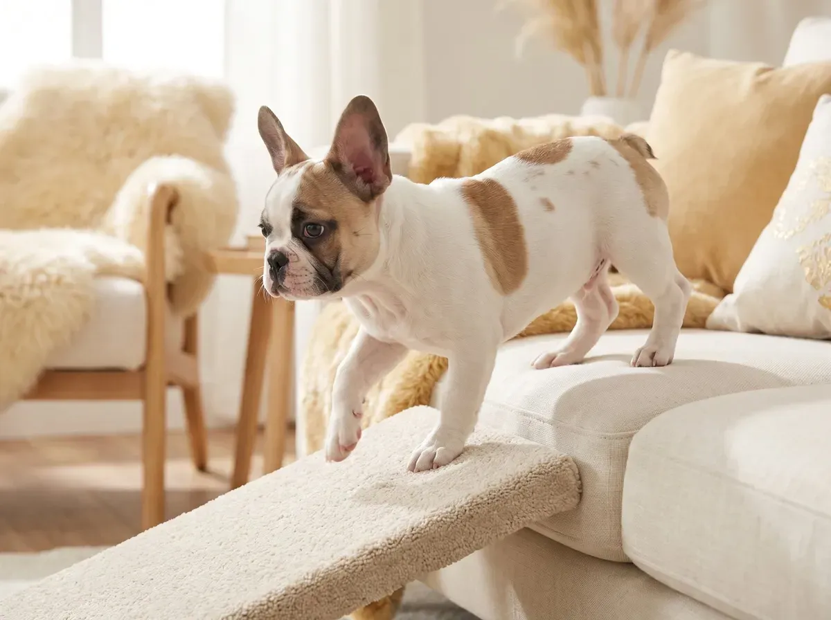 French Bulldog, a pied puppy stepping from a cream sofa onto a carpeted ramp