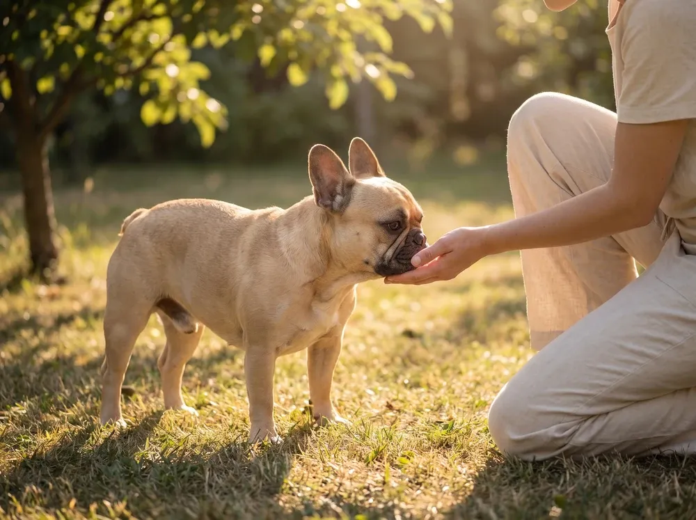 French Bulldog, a fawn adult greeting a pet parent kneeling on grass in a shaded garden