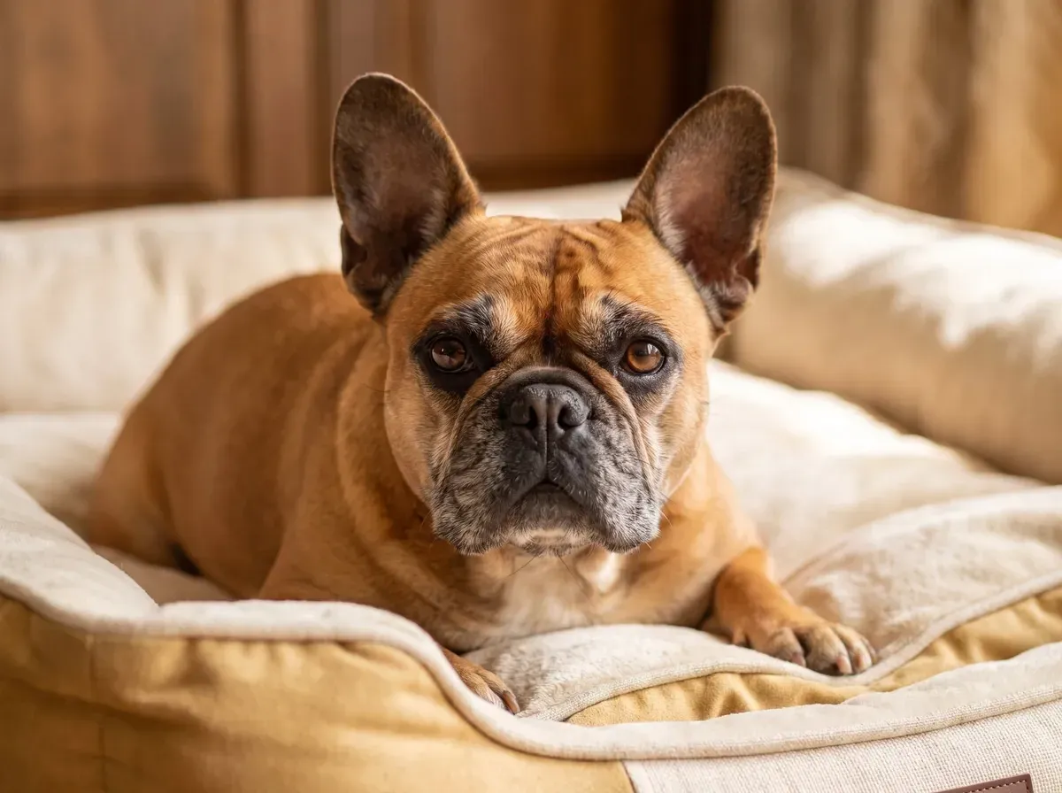 French Bulldog, an older red fawn dog with a greying muzzle resting on a soft raised bed