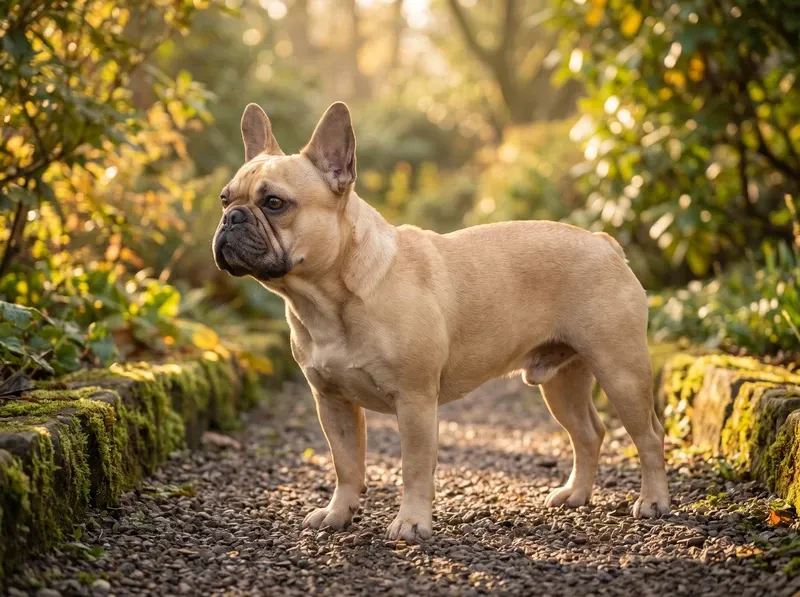 French Bulldog history, a fawn adult standing on a garden path in low sun, 2022 onwards